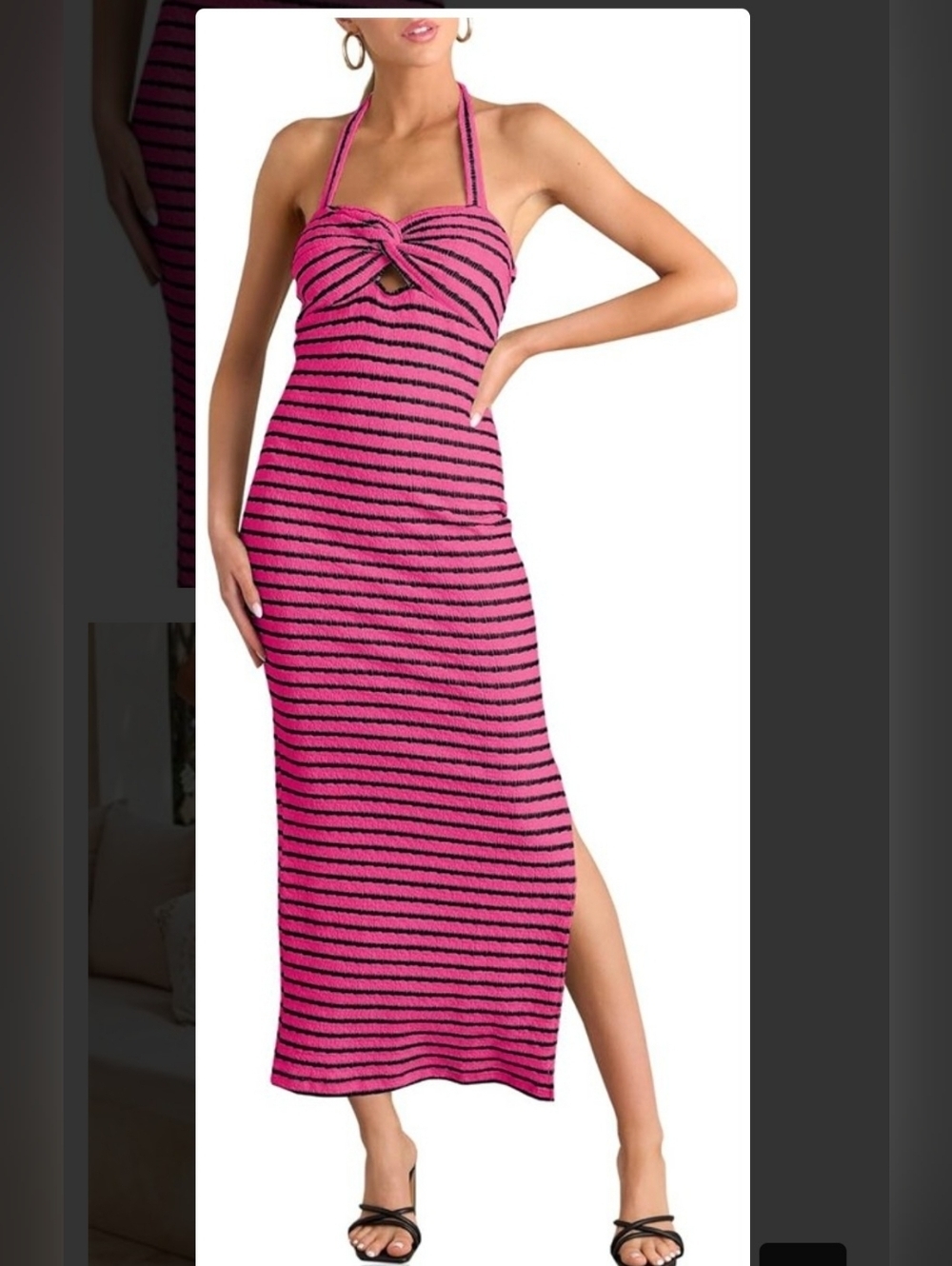 Pink & Black Knit Striped Halter Maxi Dress, Small